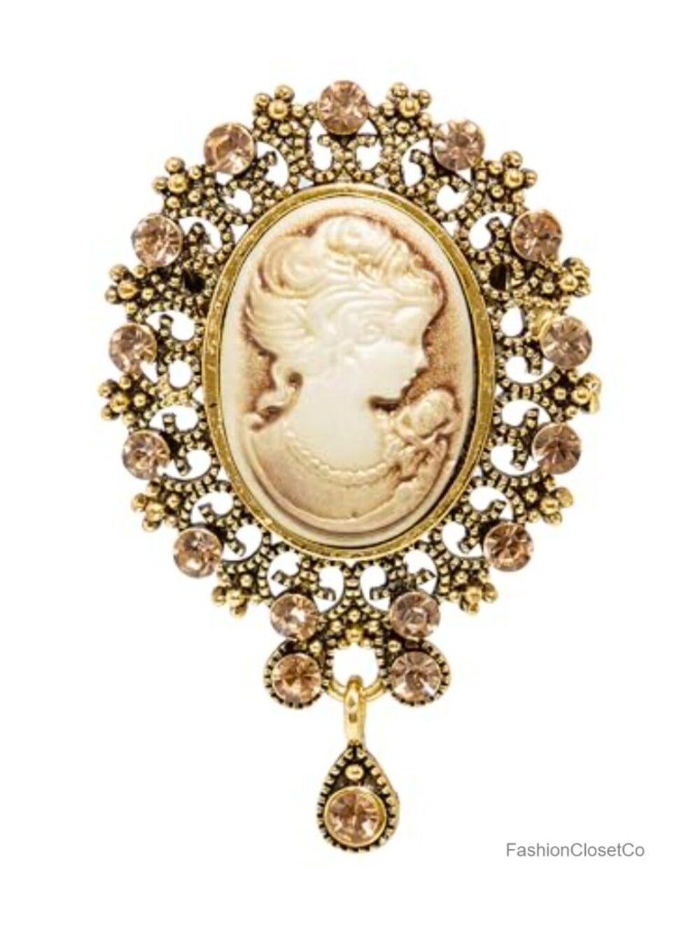 Vintage Victorian Cameo Brooch Pin Antique Gold-Tone Filigree Rhinestone